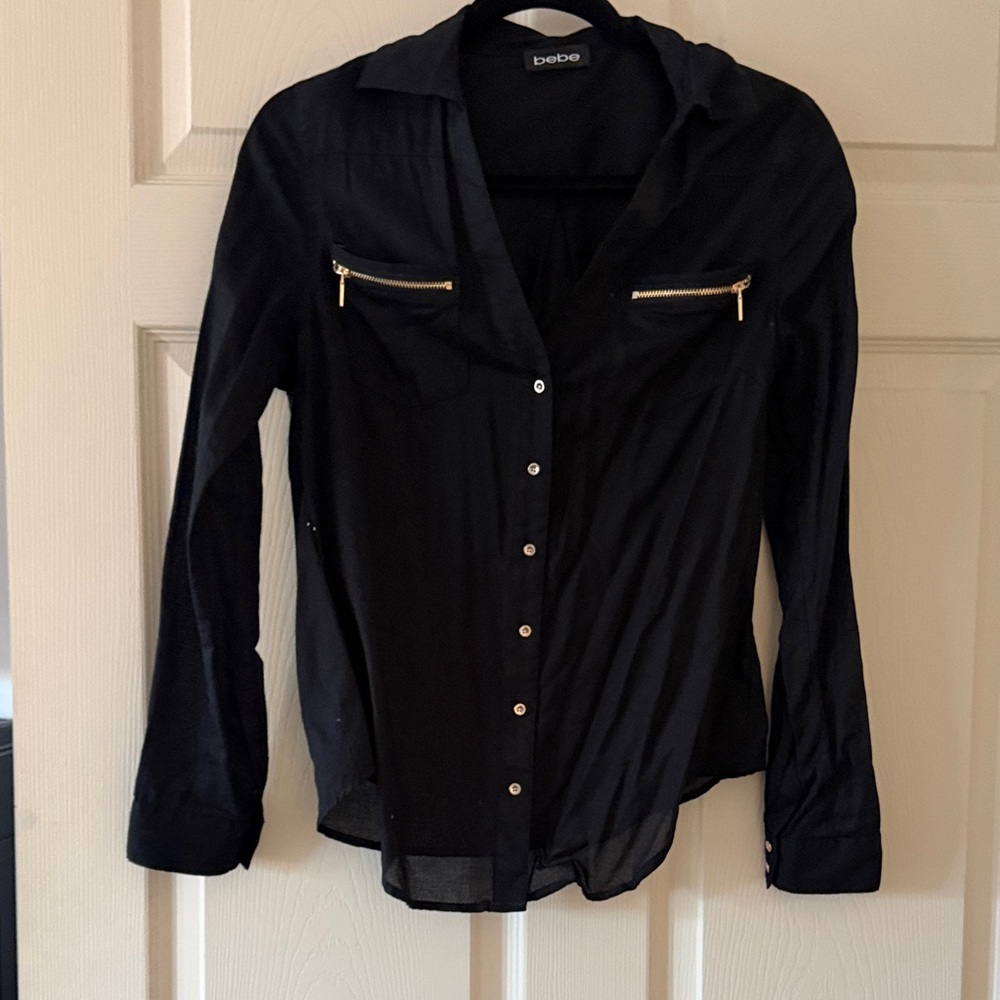 Bebe Black Button Down Shirt with Gold Zippers